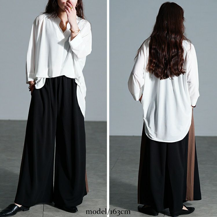 大きいサイズ レディース 配色ラインワイドフレアパンツ