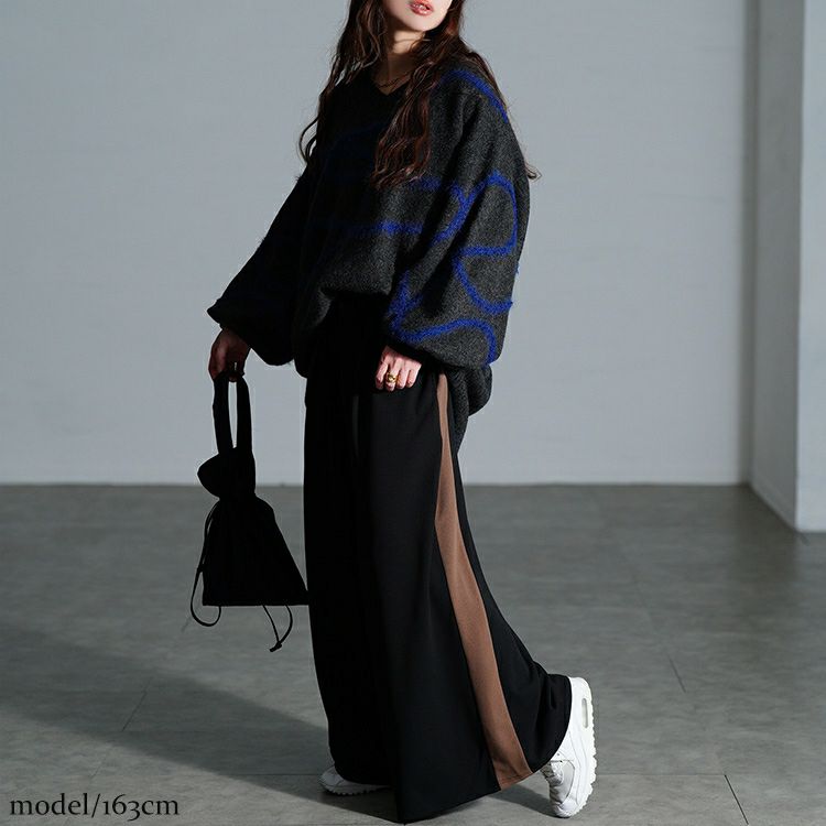 大きいサイズ レディース 配色ラインワイドフレアパンツ