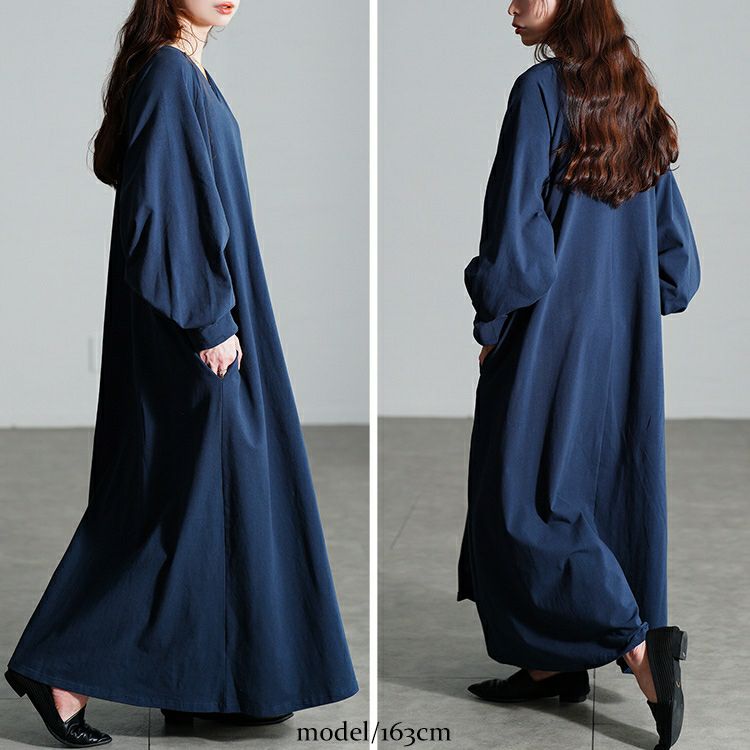 大きいサイズ レディース Vネックボリューム袖フレアワンピース