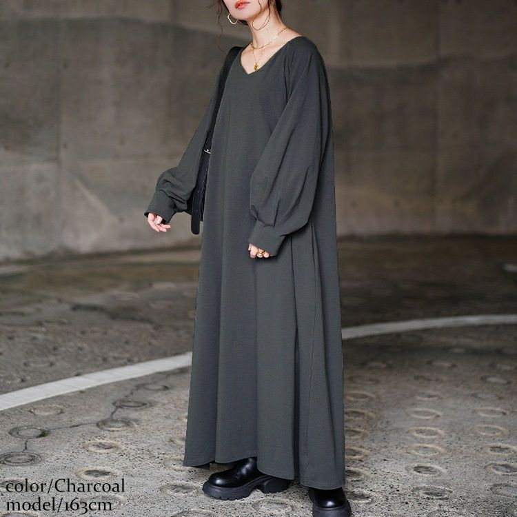 大きいサイズ レディース Vネックボリューム袖フレアワンピース