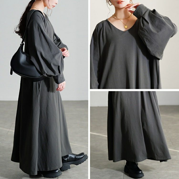 大きいサイズ レディース Vネックボリューム袖フレアワンピース