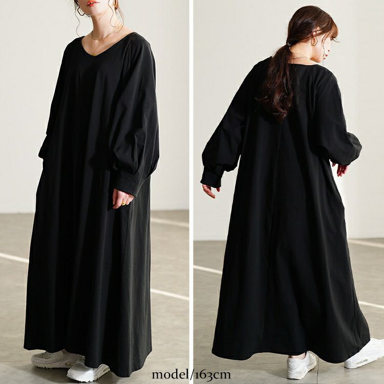 大きいサイズ レディース Vネックボリューム袖フレアワンピース