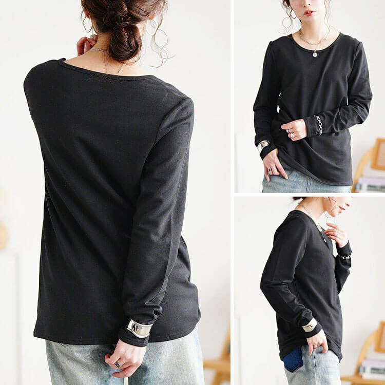 大きいサイズ レディース 裏起毛＆保温＆静電気防止クルーネックロンT