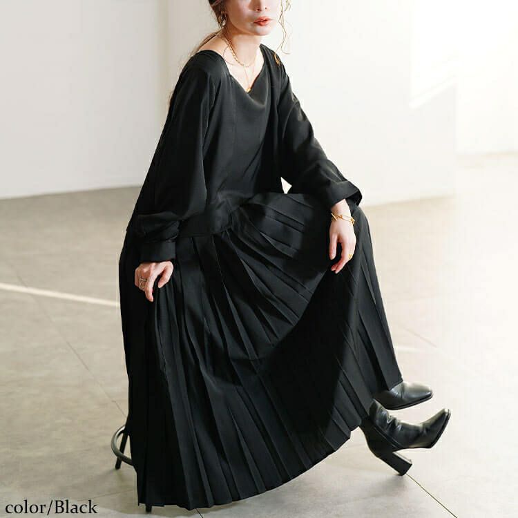 大きいサイズ レディース フェイクレイヤードプリーツワンピース sw