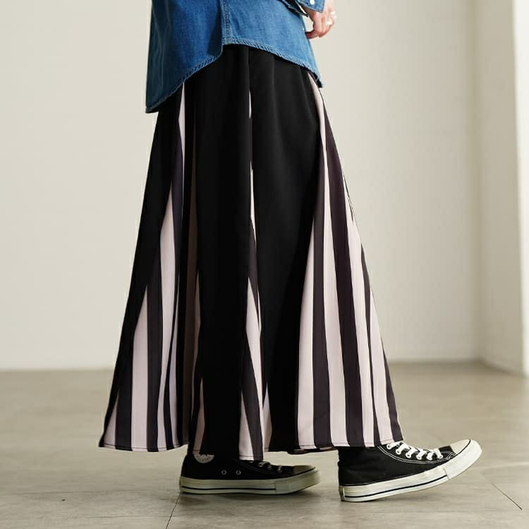 大きいサイズ レディース ストライプ柄配色切り替えフレアスカート