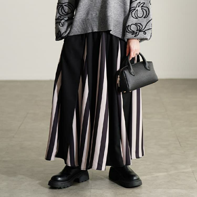 大きいサイズ レディース ストライプ柄配色切り替えフレアスカート