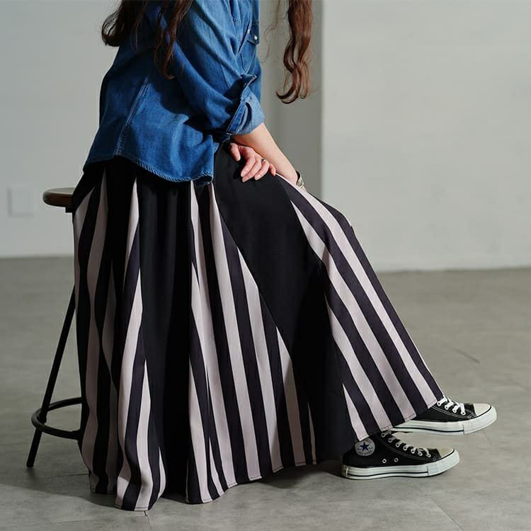 大きいサイズ レディース ストライプ柄配色切り替えフレアスカート
