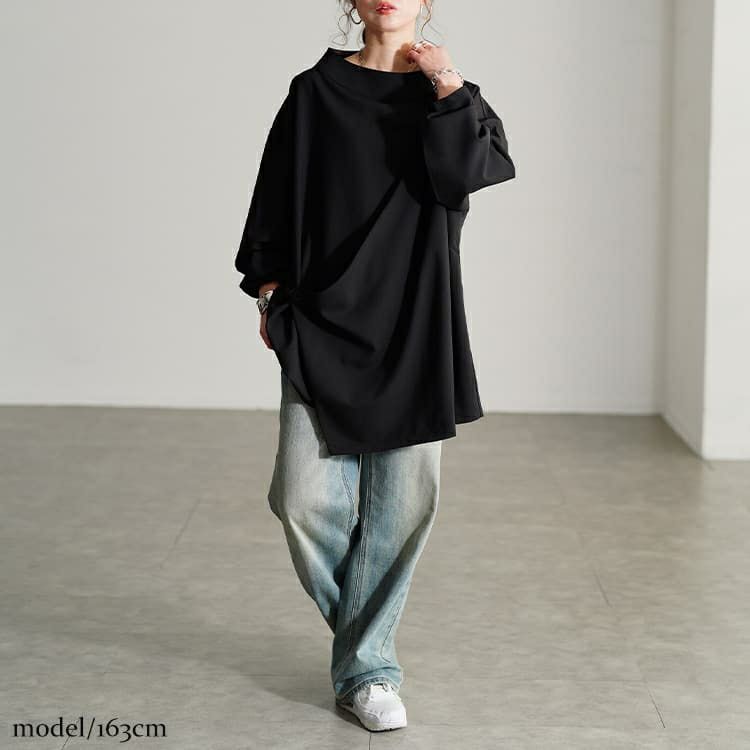 大きいサイズ レディース ボトルネックアシンメトリーチュニック