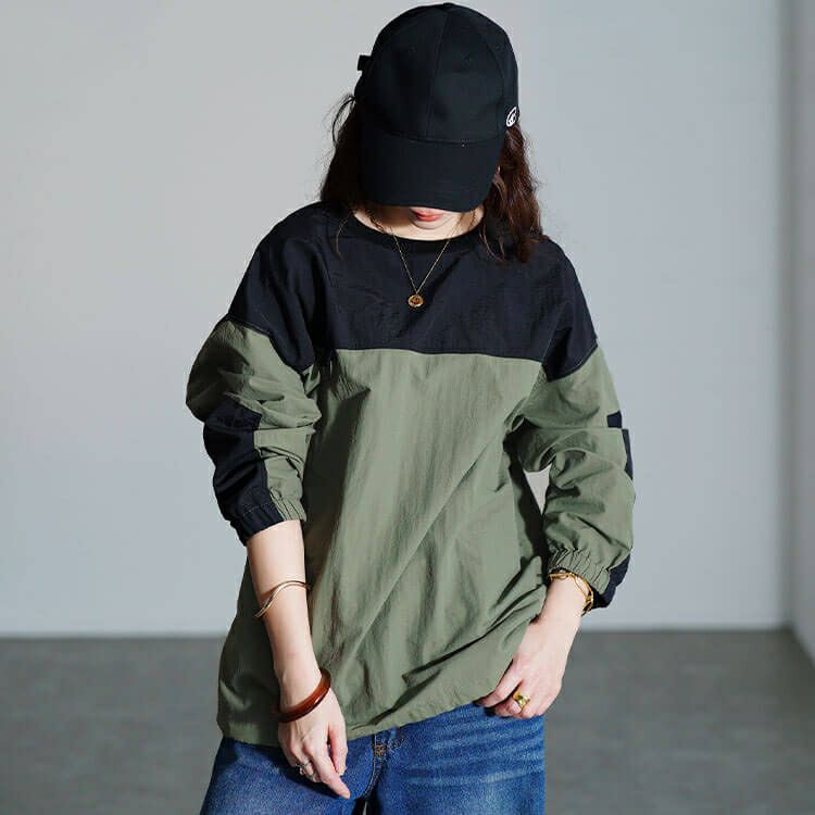 大きいサイズ レディース 撥水裾ドロストバイカラープルオーバー