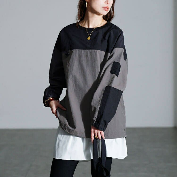 大きいサイズ レディース 撥水裾ドロストバイカラープルオーバー