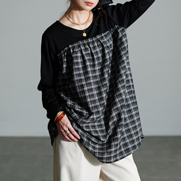 大きいサイズ レディース チェック柄切り替えチュニック