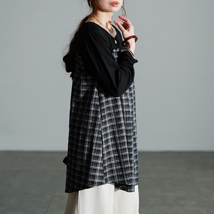 大きいサイズ レディース チェック柄切り替えチュニック