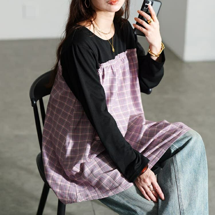 大きいサイズ レディース チェック柄切り替えチュニック