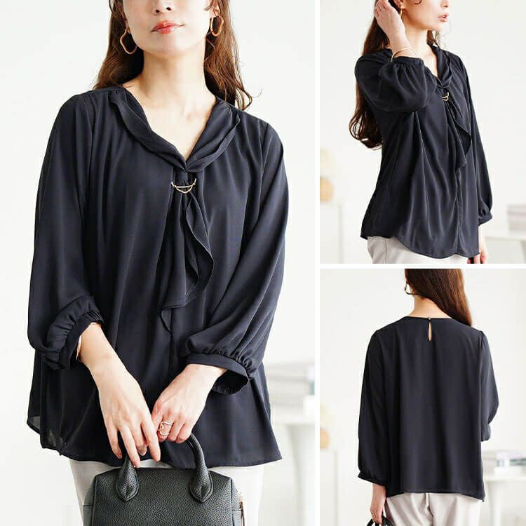 大きいサイズ レディース ゴールドパーツ付きラッフルタイブラウス