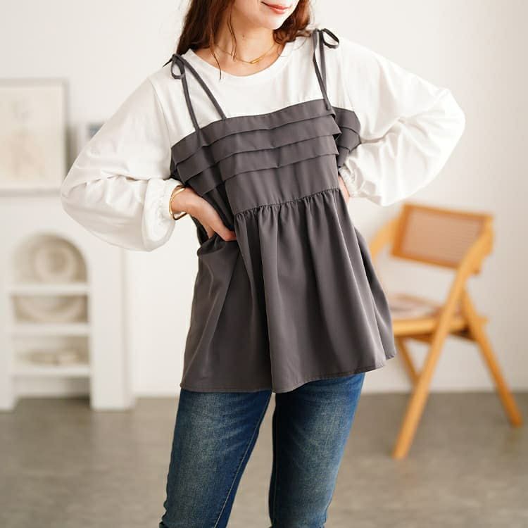 大きいサイズ レディース タックペプラムビスチェ重ね着風ロンT