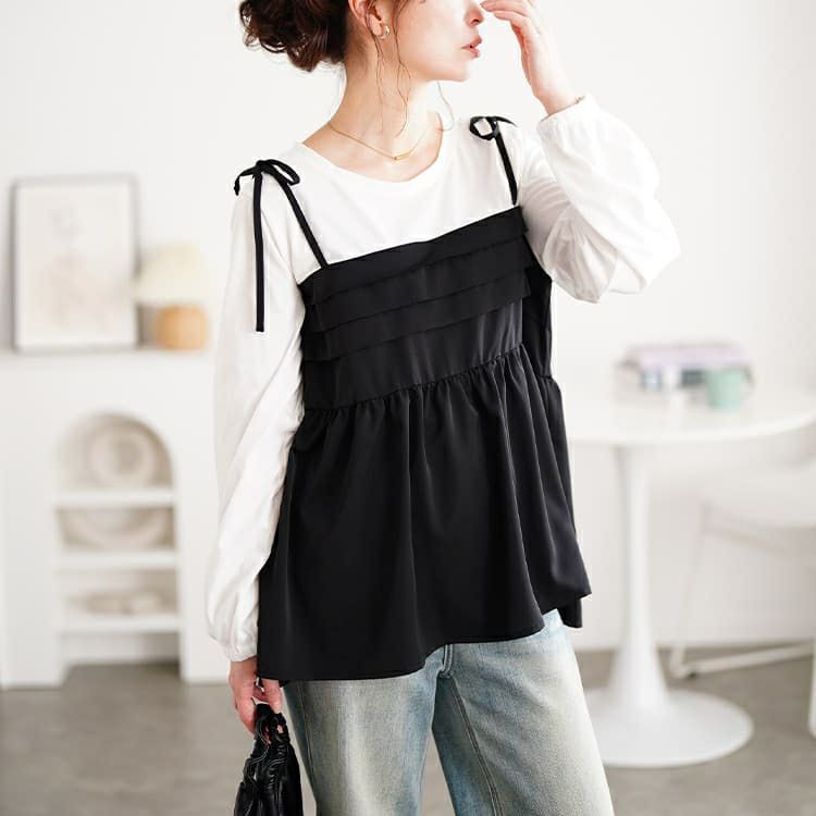 大きいサイズ レディース タックペプラムビスチェ重ね着風ロンT