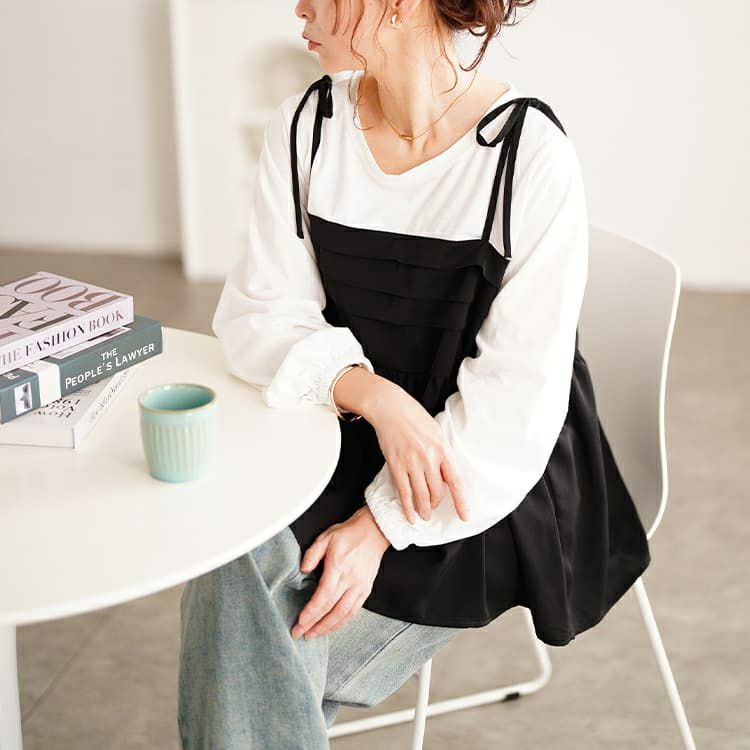 大きいサイズ レディース タックペプラムビスチェ重ね着風ロンT