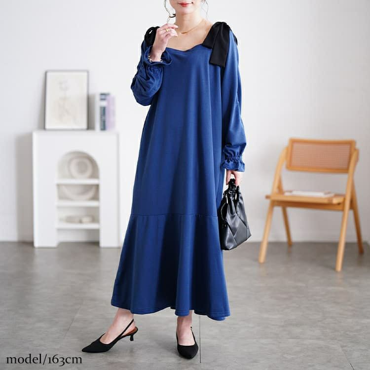 大きいサイズ レディース 肩リボンキャンディ袖マーメイドワンピース