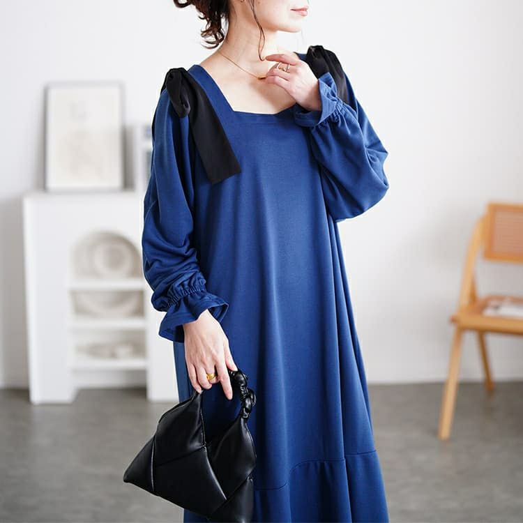 大きいサイズ レディース 肩リボンキャンディ袖マーメイドワンピース