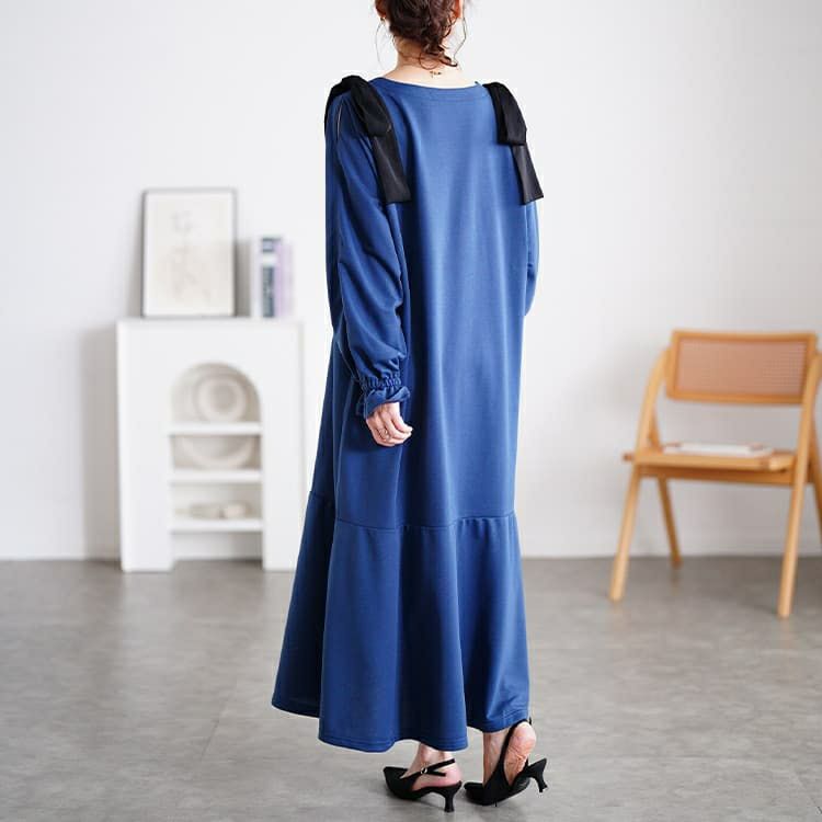 大きいサイズ レディース 肩リボンキャンディ袖マーメイドワンピース