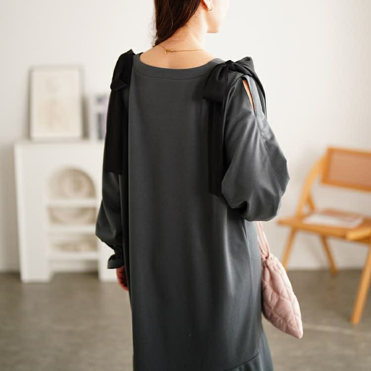 大きいサイズ レディース 肩リボンキャンディ袖マーメイドワンピース