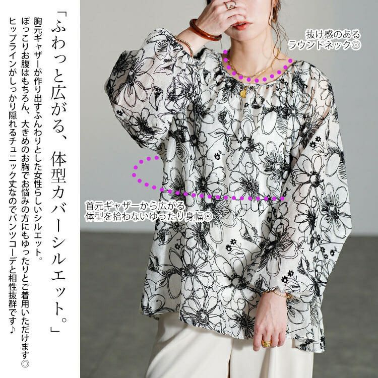 大きいサイズ レディース フロッキー花柄オーガンジーギャザーブラウス