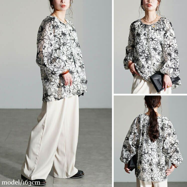 大きいサイズ レディース フロッキー花柄オーガンジーギャザーブラウス