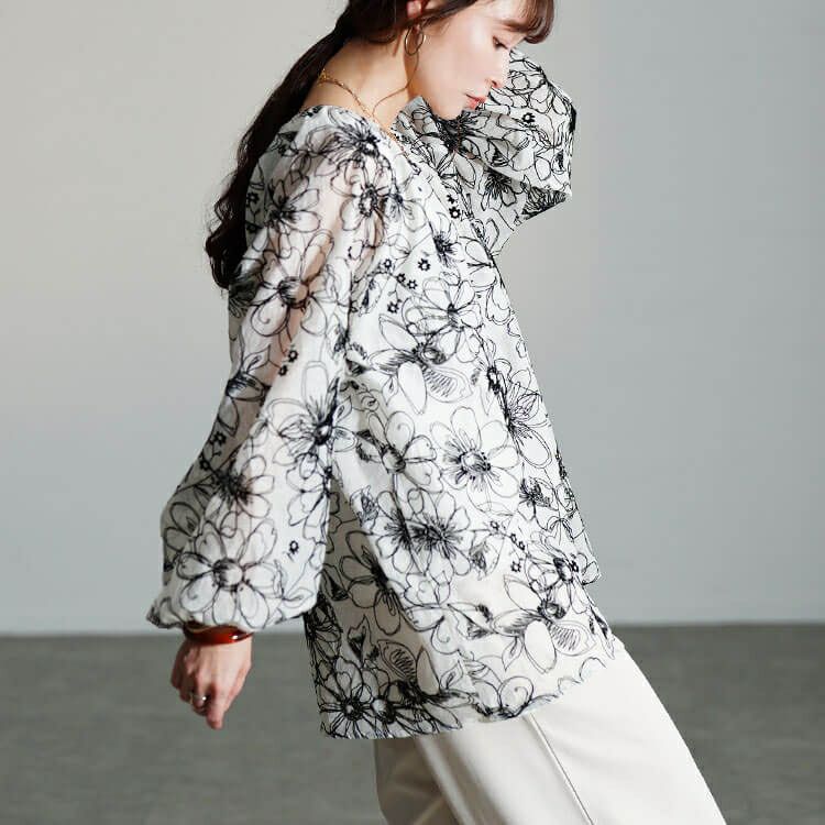 大きいサイズ レディース フロッキー花柄オーガンジーギャザーブラウス