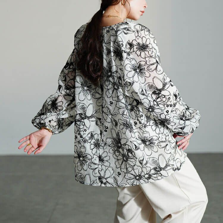 大きいサイズ レディース フロッキー花柄オーガンジーギャザーブラウス
