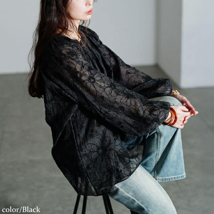 大きいサイズ レディース フロッキー花柄オーガンジーギャザーブラウス