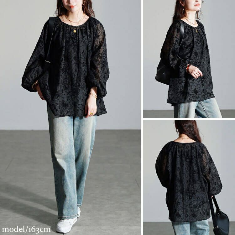 大きいサイズ レディース フロッキー花柄オーガンジーギャザーブラウス