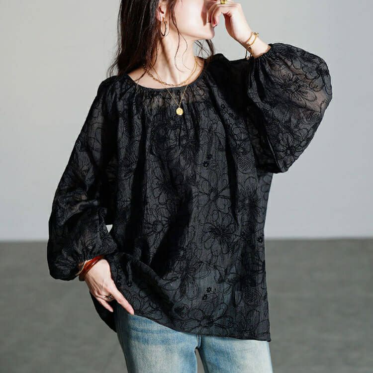 大きいサイズ レディース フロッキー花柄オーガンジーギャザーブラウス