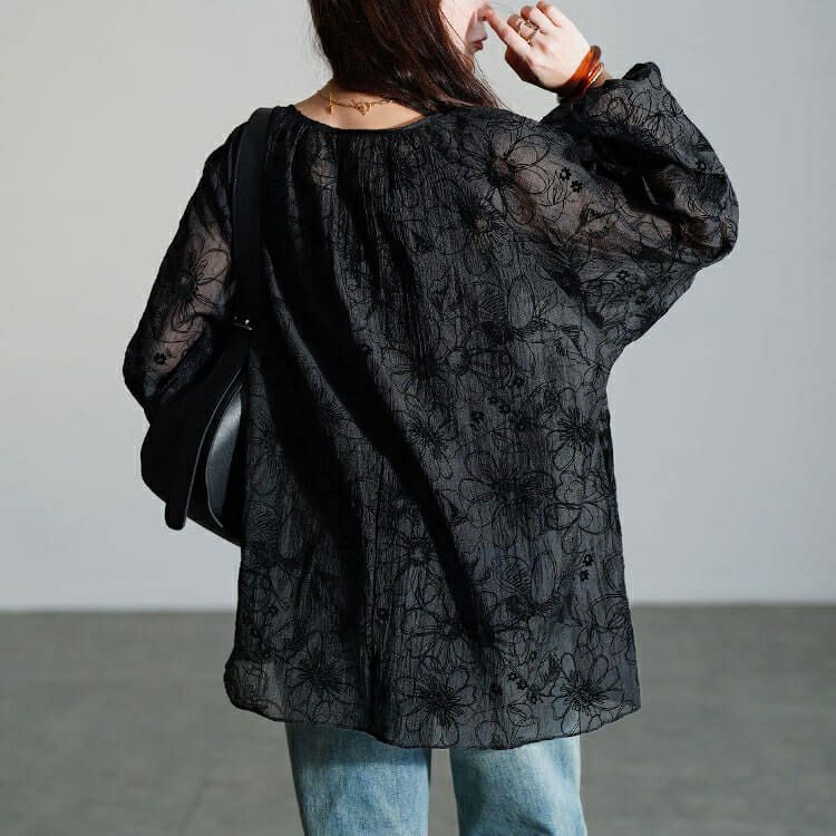 大きいサイズ レディース フロッキー花柄オーガンジーギャザーブラウス