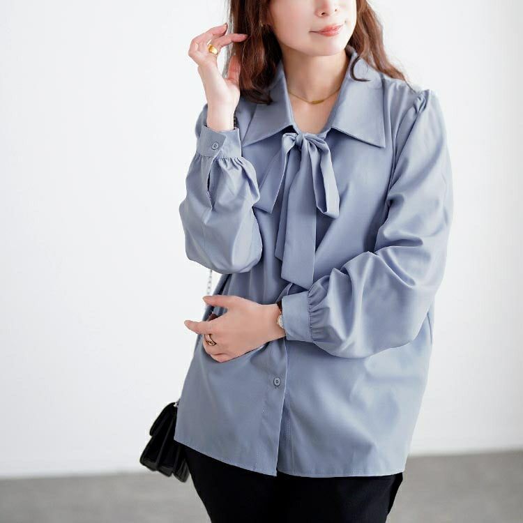 大きいサイズ レディース レギュラーカラーボウタイブラウス