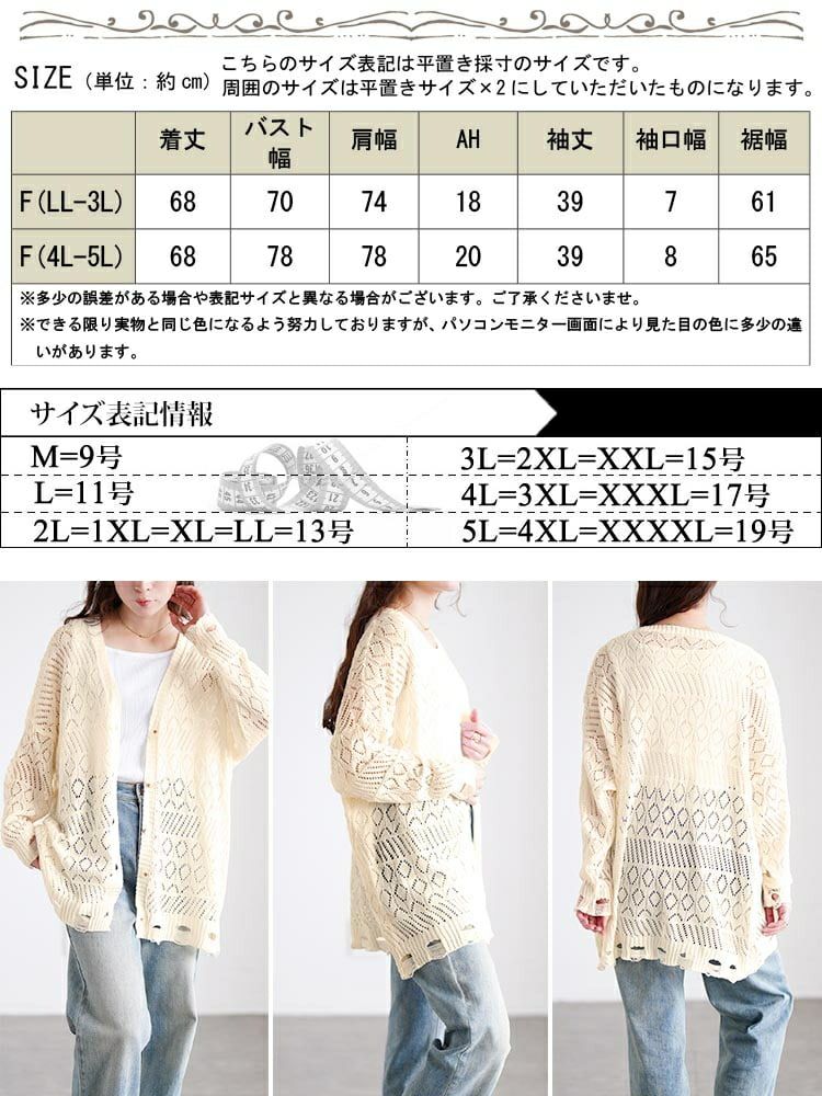 大きいサイズ レディース レース透かし編みカーディガン