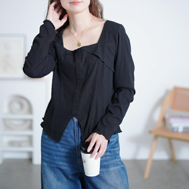 大きいサイズ レディース スクエアネックスリットヘムカットソー