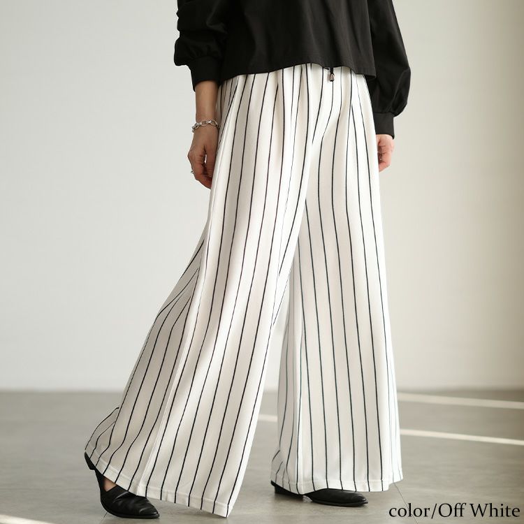 大きいサイズ レディース ストライプ柄ウエストタックワイドパンツ