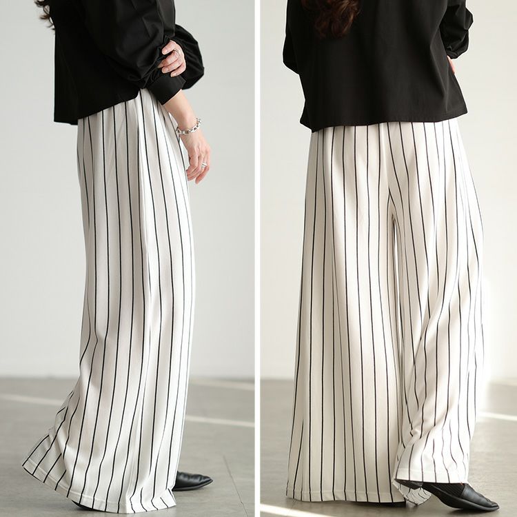 大きいサイズ レディース ストライプ柄ウエストタックワイドパンツ
