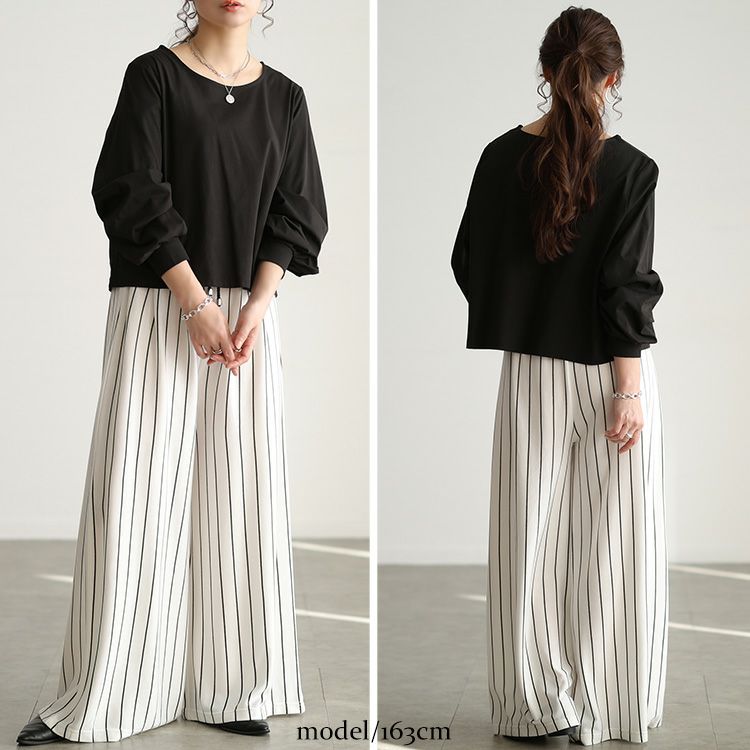 大きいサイズ レディース ストライプ柄ウエストタックワイドパンツ