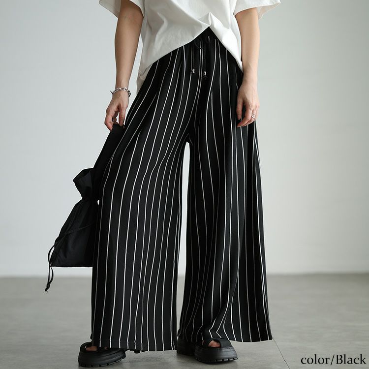 大きいサイズ レディース ストライプ柄ウエストタックワイドパンツ
