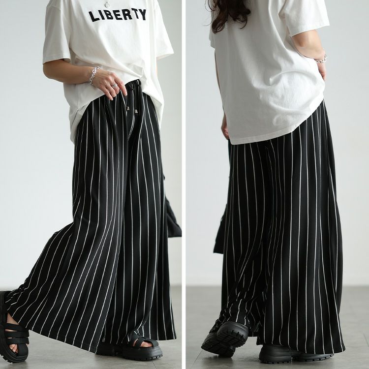 大きいサイズ レディース ストライプ柄ウエストタックワイドパンツ