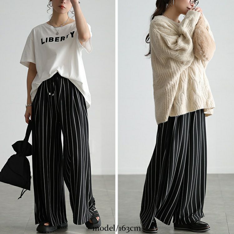 美品 Deuxieme Classe 別注 ウエストロゴパンツ ストライプ 36 大きいサイズ レディース ストライプ柄ウエストタックワイドパンツ