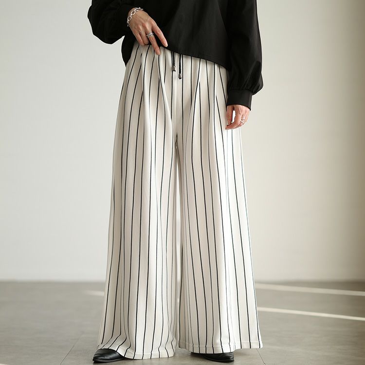 大きいサイズ レディース ストライプ柄ウエストタックワイドパンツ オフホワイト