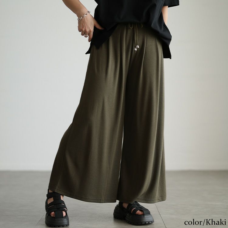 大きいサイズ レディース ウエストタックワイドフレアパンツ カーキ