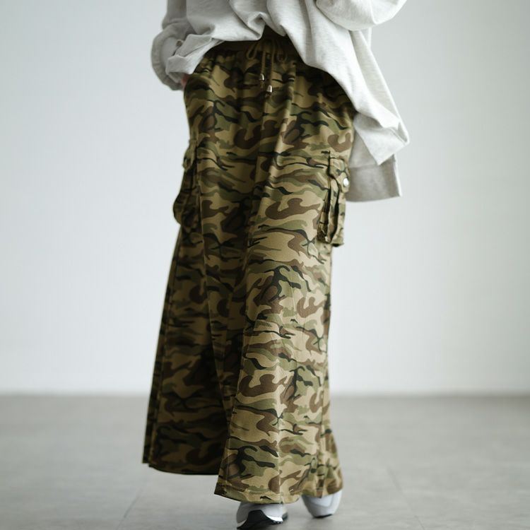 大きいサイズ レディース 迷彩柄カーゴスカート カーキ