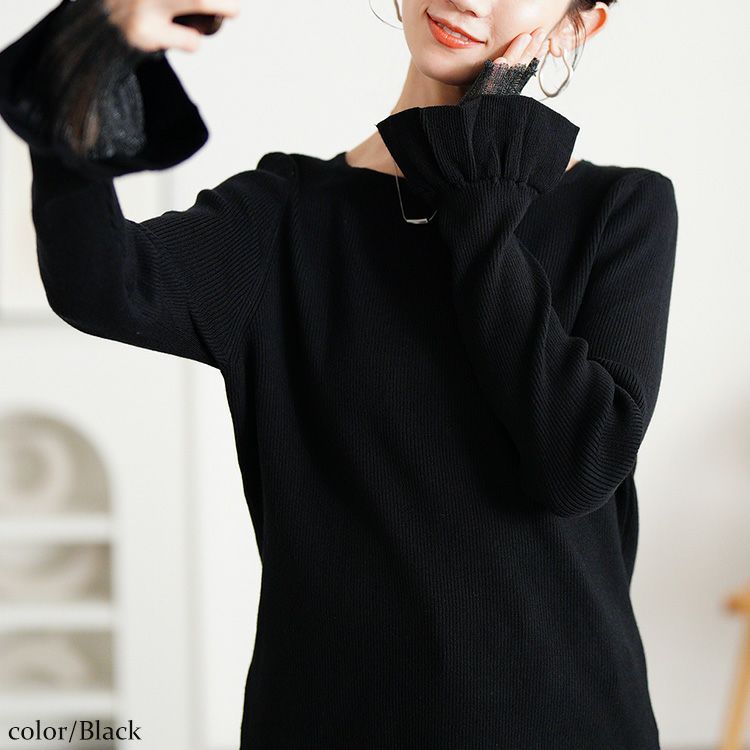 大きいサイズ レディース ラメレイヤード袖ハートネックリブニット