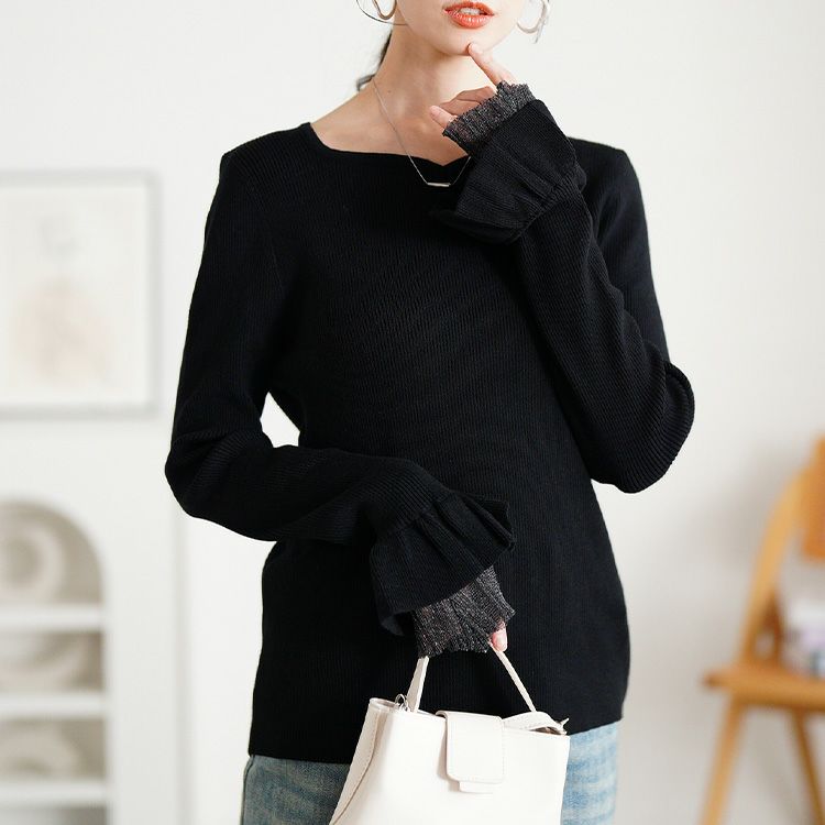 大きいサイズ レディース ラメレイヤード袖ハートネックリブニット