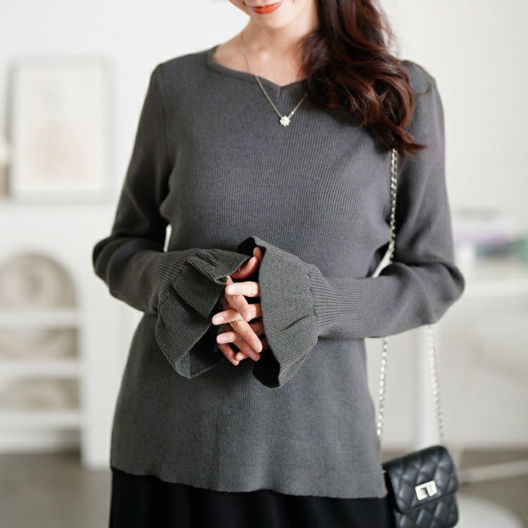 大きいサイズ レディース ラメレイヤード袖ハートネックリブニット グレー