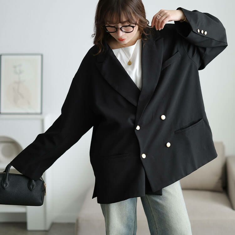 大きいサイズ レディース ダブルボタンワイドテーラードジャケット