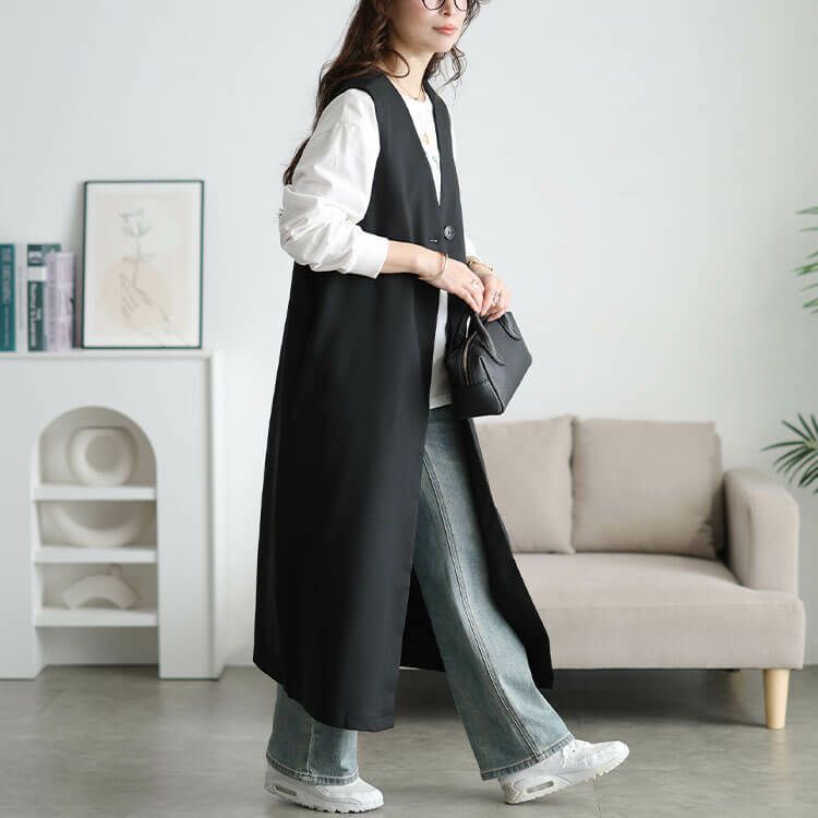 大きいサイズ レディース 深Vネックロングジレ